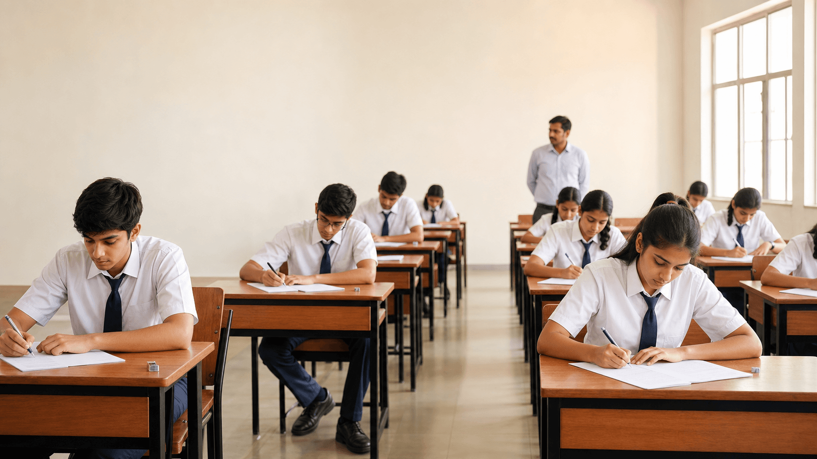 Students writing exam papers in a school exam hall