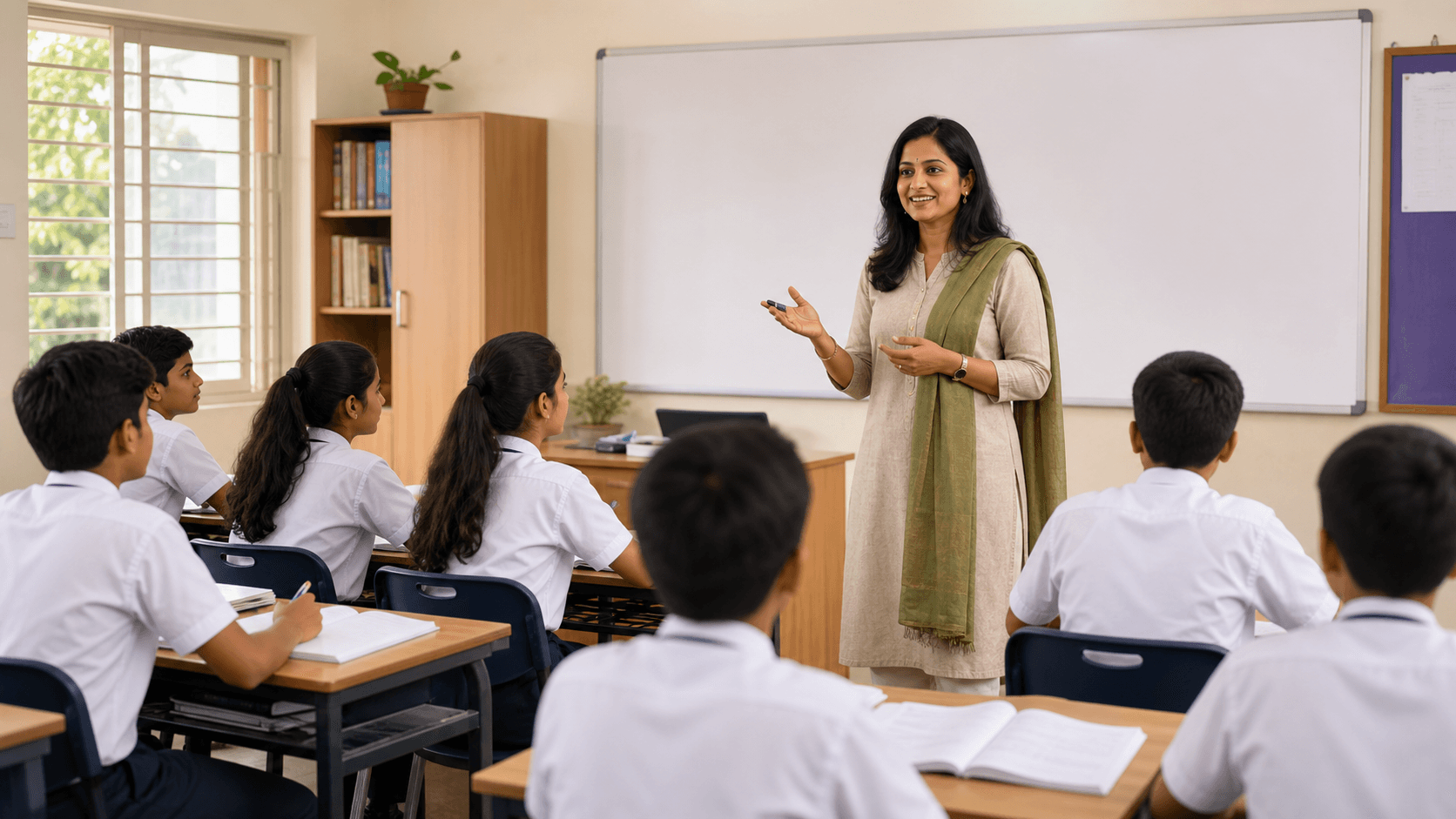 Teacher explaining a lesson to students in a classroom