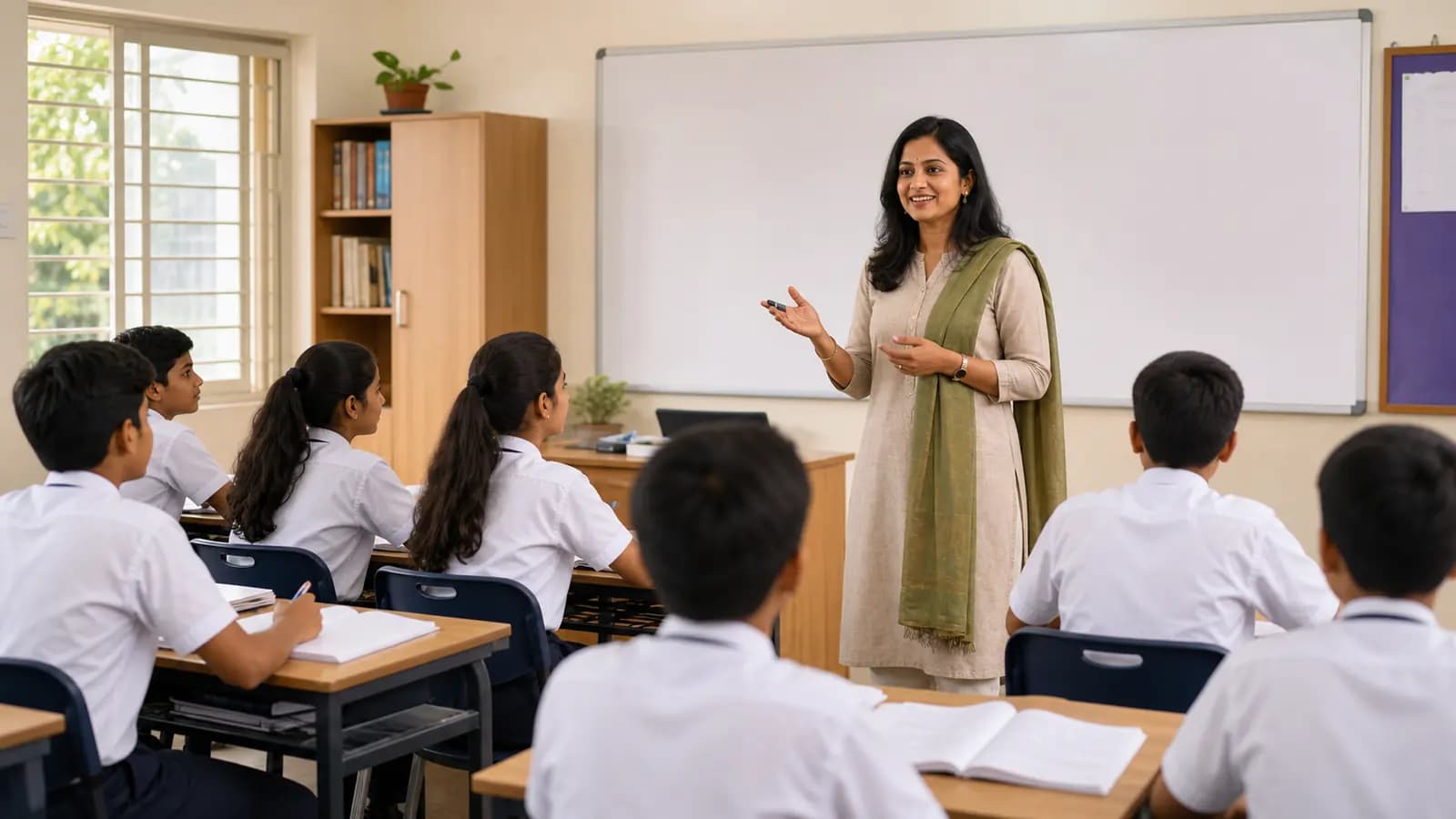 Teacher explaining a lesson to students in a classroom